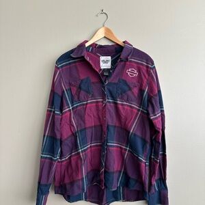 Harley-Davidson Women's Plaid Button Down Shirt - Purple and Navy